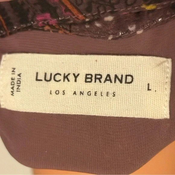 Lucky Brand Brown Paisley Babydoll Dress Boho Long Sleeve Size Large Lined Body - Picture 4 of 9